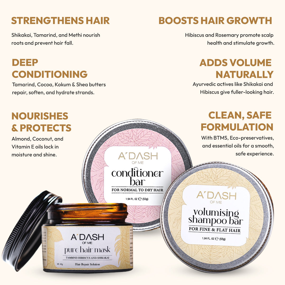 (Hair Thinning + Hair Fall) Volumizing Shampoo Bar, Pure Tamarind Hair Mask, Conditioner