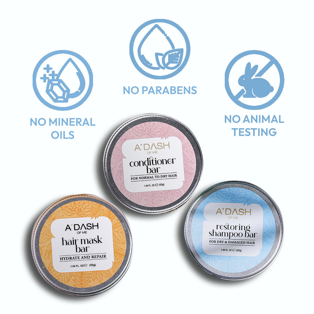 (Dry and Damaged Hair) Restoring Shampoo Bar, Hair Mask Bar, Conditioner