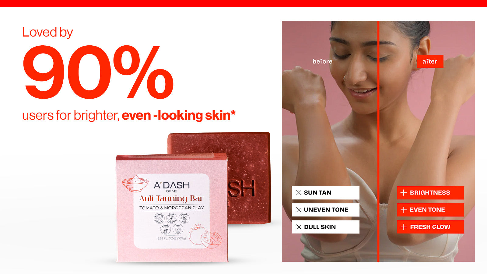 A Dash of me anti-tanning bar with user before and after results 