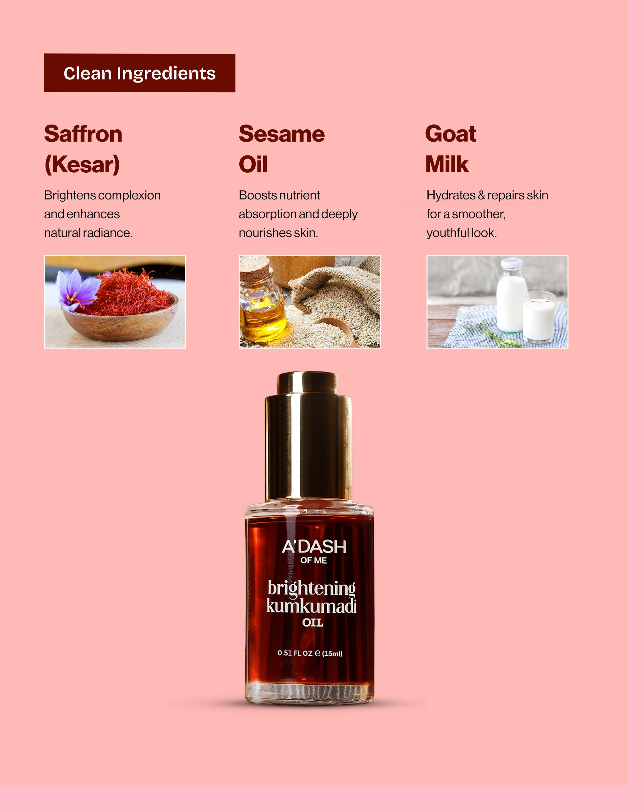 ADASH brightening kumkumadi oil with ingredients listed - Pure and organic Ingeredients.